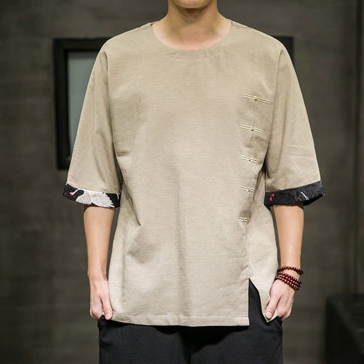 T-shirt da uomo in cotone e lino con maniche a tre quarti, stile retrò estivo, motivo patchwork, motivo Buddha Stones