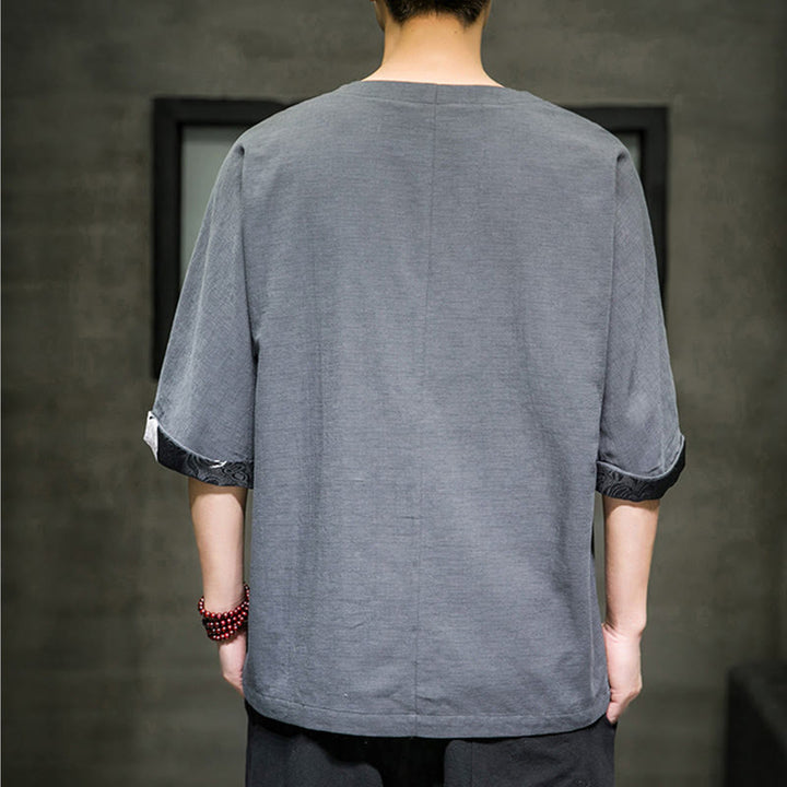 T-shirt da uomo in cotone e lino con maniche a tre quarti, stile retrò estivo, motivo patchwork, motivo Buddha Stones