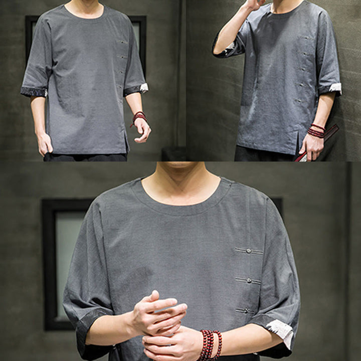 T-shirt da uomo in cotone e lino con maniche a tre quarti, stile retrò estivo, motivo patchwork, motivo Buddha Stones