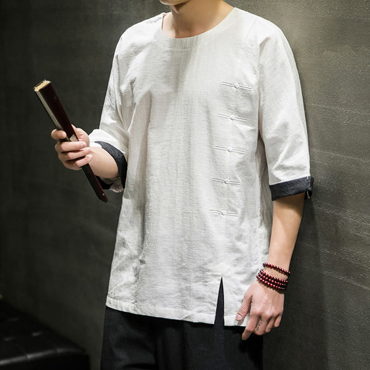 T-shirt da uomo in cotone e lino con maniche a tre quarti, stile retrò estivo, motivo patchwork, motivo Buddha Stones