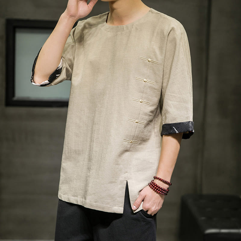 T-shirt da uomo in cotone e lino con maniche a tre quarti, stile retrò estivo, motivo patchwork, motivo Buddha Stones