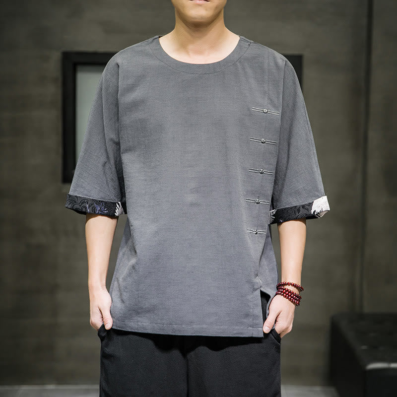 T-shirt da uomo in cotone e lino con maniche a tre quarti, stile retrò estivo, motivo patchwork, motivo Buddha Stones