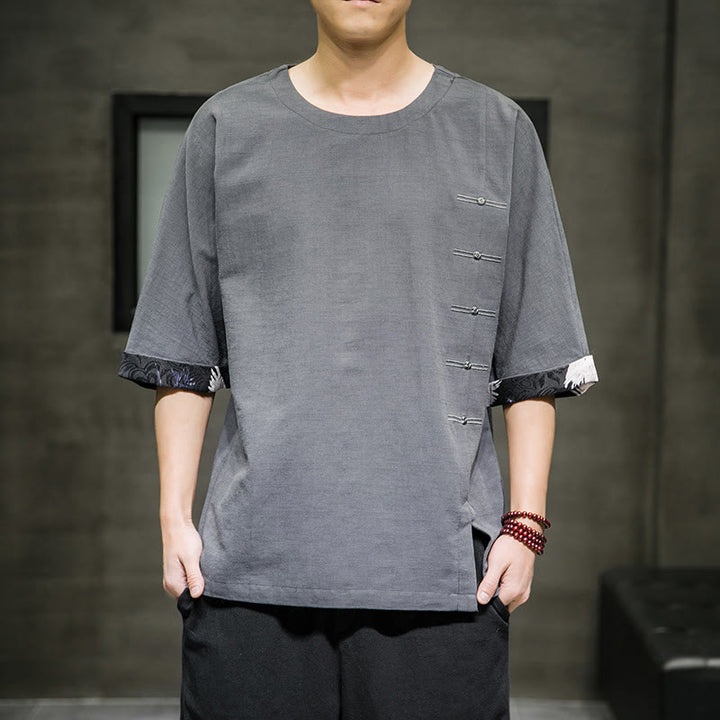 T-shirt da uomo in cotone e lino con maniche a tre quarti, stile retrò estivo, motivo patchwork, motivo Buddha Stones