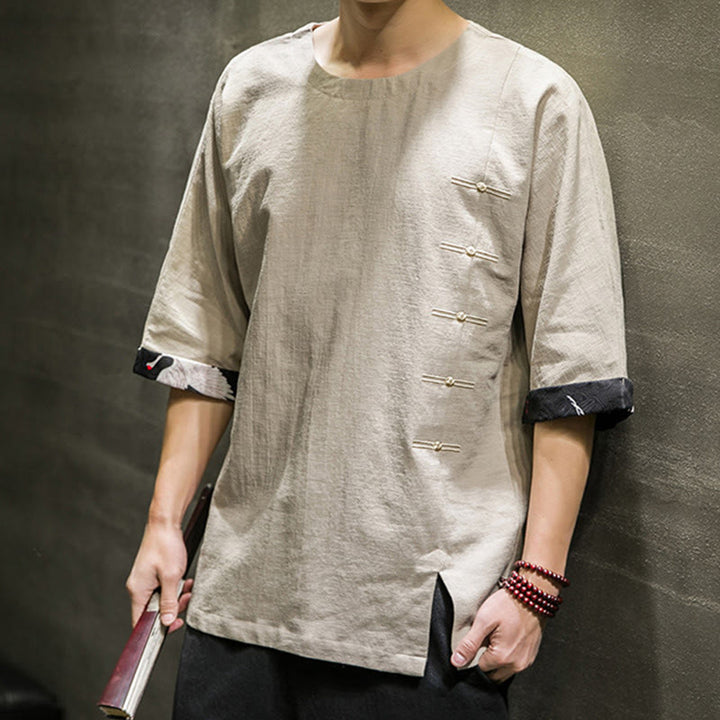 T-shirt da uomo in cotone e lino con maniche a tre quarti, stile retrò estivo, motivo patchwork, motivo Buddha Stones
