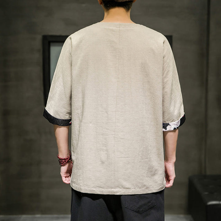 T-shirt da uomo in cotone e lino con maniche a tre quarti, stile retrò estivo, motivo patchwork, motivo Buddha Stones