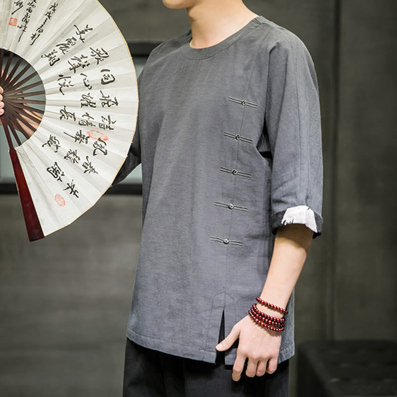 T-shirt da uomo in cotone e lino con maniche a tre quarti, stile retrò estivo, motivo patchwork, motivo Buddha Stones