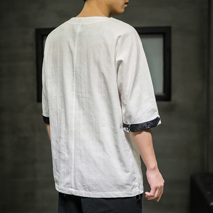 T-shirt da uomo in cotone e lino con maniche a tre quarti, stile retrò estivo, motivo patchwork, motivo Buddha Stones