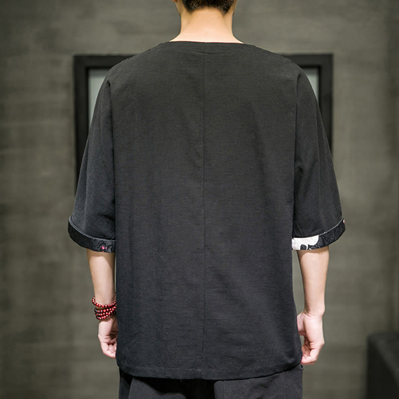 T-shirt da uomo in cotone e lino con maniche a tre quarti, stile retrò estivo, motivo patchwork, motivo Buddha Stones