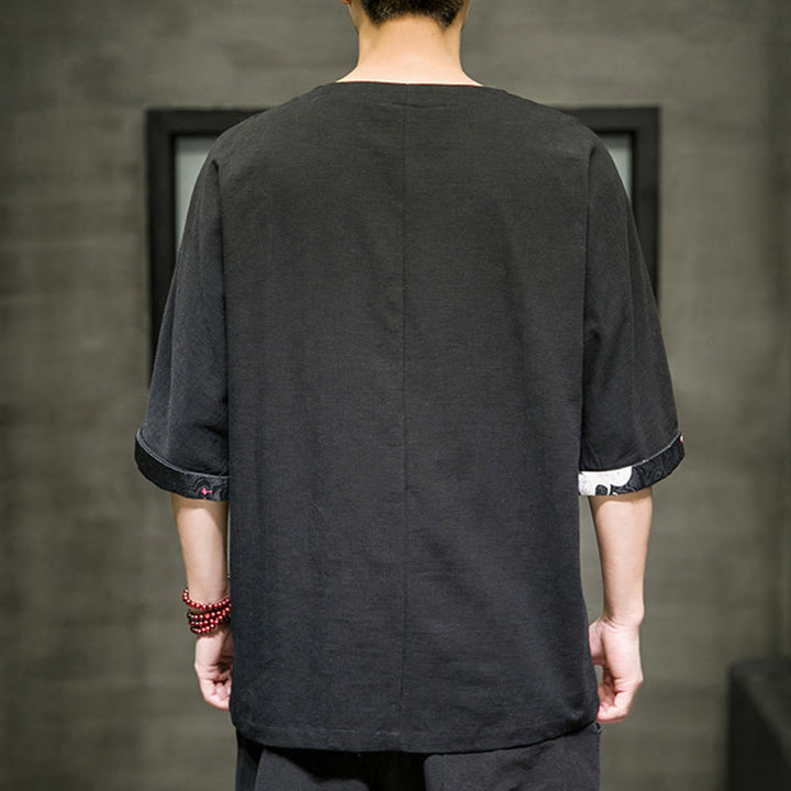 T-shirt da uomo in cotone e lino con maniche a tre quarti, stile retrò estivo, motivo patchwork, motivo Buddha Stones