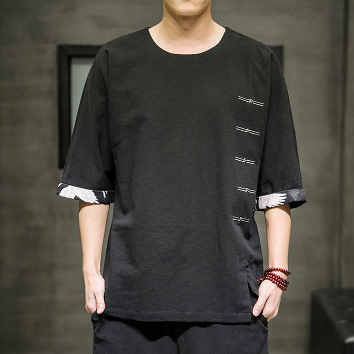 T-shirt da uomo in cotone e lino con maniche a tre quarti, stile retrò estivo, motivo patchwork, motivo Buddha Stones - image 1