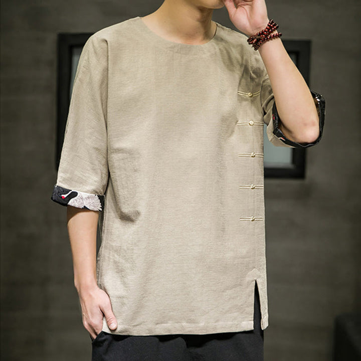 T-shirt da uomo in cotone e lino con maniche a tre quarti, stile retrò estivo, motivo patchwork, motivo Buddha Stones