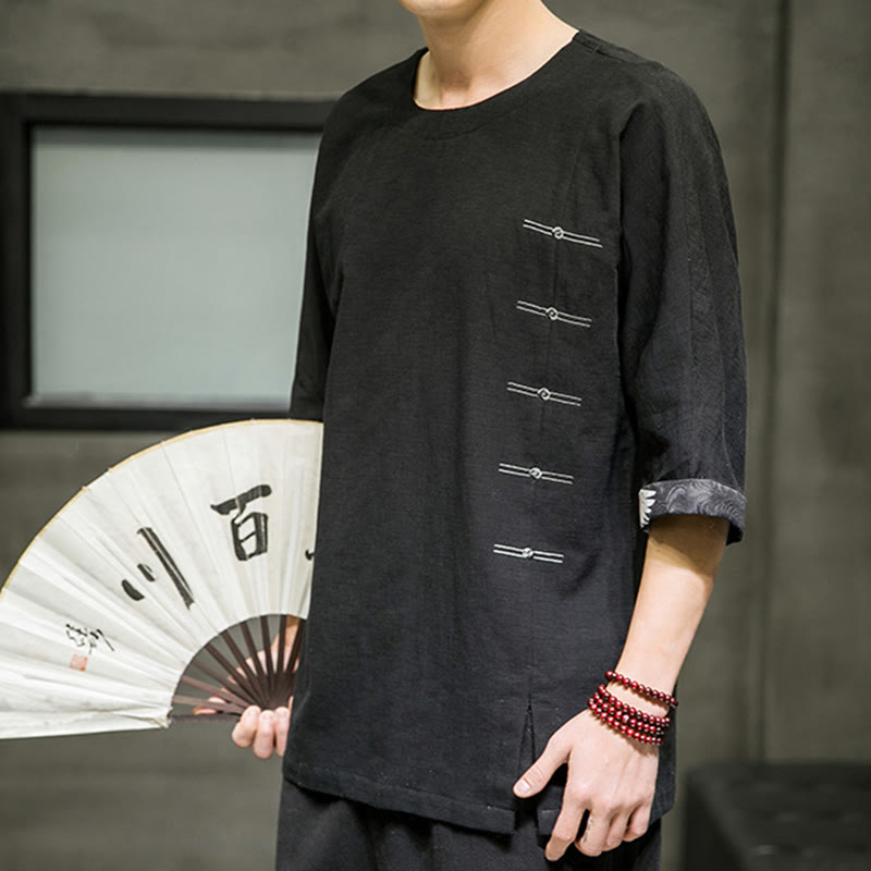 T-shirt da uomo in cotone e lino con maniche a tre quarti, stile retrò estivo, motivo patchwork, motivo Buddha Stones
