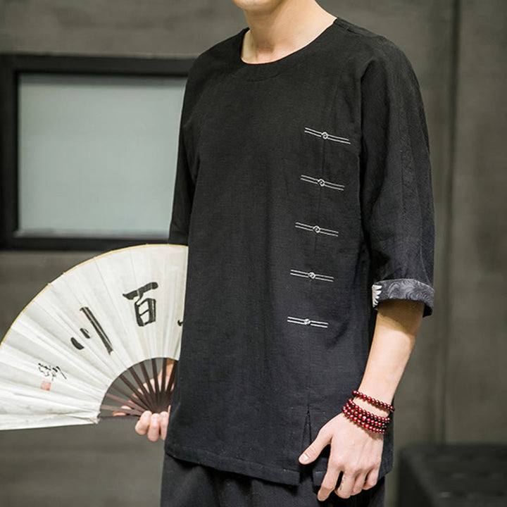 T-shirt da uomo in cotone e lino con maniche a tre quarti, stile retrò estivo, motivo patchwork, motivo Buddha Stones