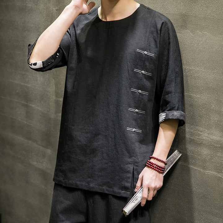 T-shirt da uomo in cotone e lino con maniche a tre quarti, stile retrò estivo, motivo patchwork, motivo Buddha Stones
