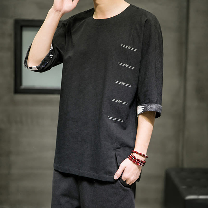 T-shirt da uomo in cotone e lino con maniche a tre quarti, stile retrò estivo, motivo patchwork, motivo Buddha Stones - image 2