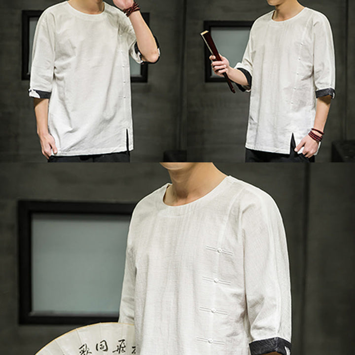 T-shirt da uomo in cotone e lino con maniche a tre quarti, stile retrò estivo, motivo patchwork, motivo Buddha Stones