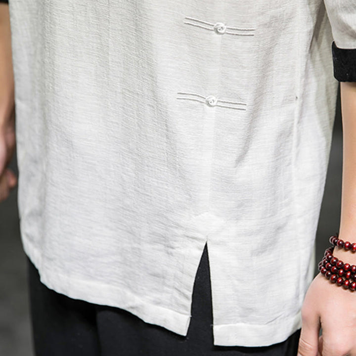 T-shirt da uomo in cotone e lino con maniche a tre quarti, stile retrò estivo, motivo patchwork, motivo Buddha Stones