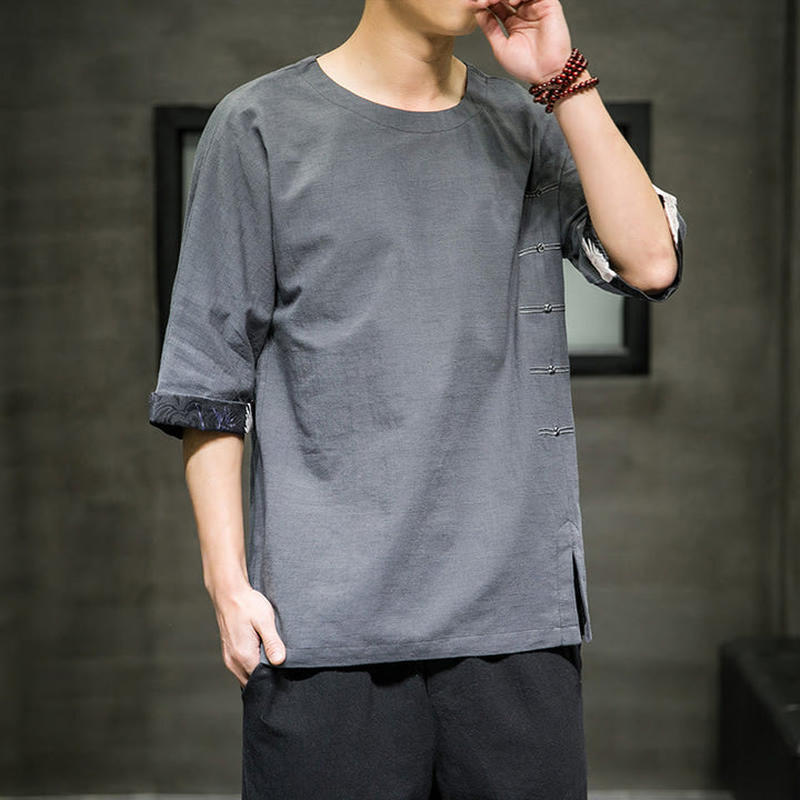 T-shirt da uomo in cotone e lino con maniche a tre quarti, stile retrò estivo, motivo patchwork, motivo Buddha Stones