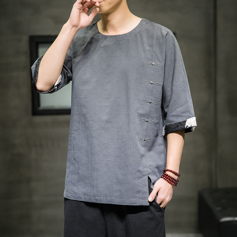 T-shirt da uomo in cotone e lino con maniche a tre quarti, stile retrò estivo, motivo patchwork, motivo Buddha Stones - image 15