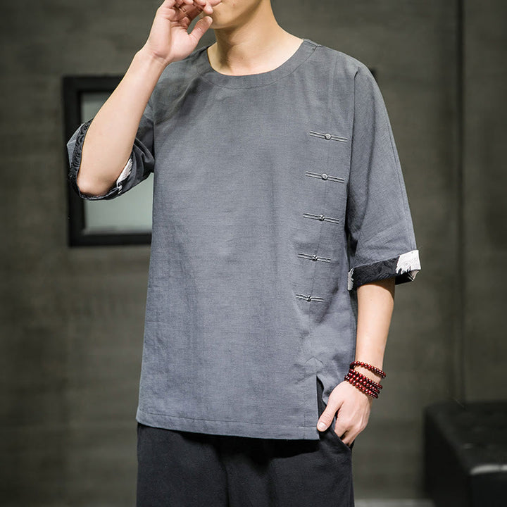 T-shirt da uomo in cotone e lino con maniche a tre quarti, stile retrò estivo, motivo patchwork, motivo Buddha Stones - image 15