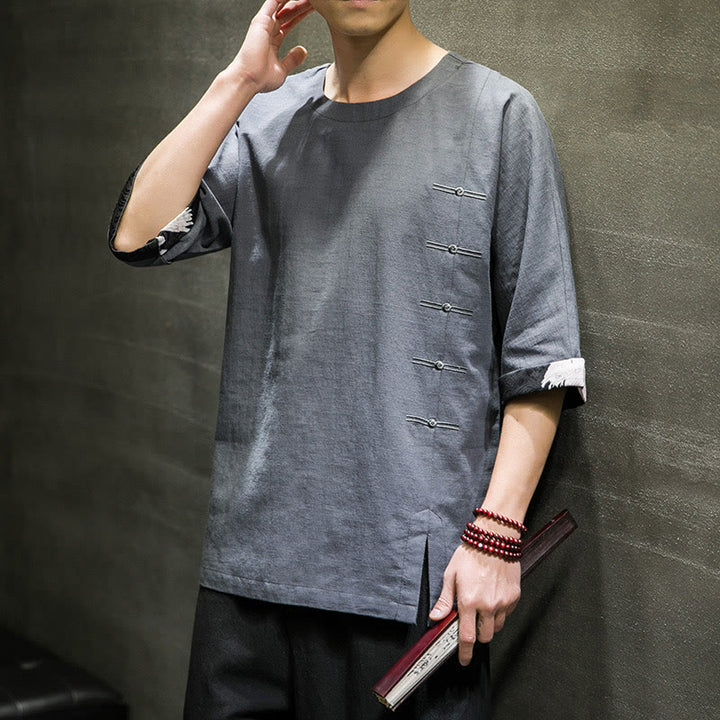 T-shirt da uomo in cotone e lino con maniche a tre quarti, stile retrò estivo, motivo patchwork, motivo Buddha Stones - image 18