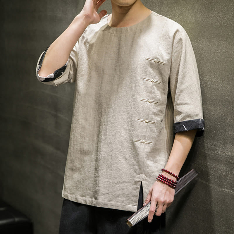 T-shirt da uomo in cotone e lino con maniche a tre quarti, stile retrò estivo, motivo patchwork, motivo Buddha Stones