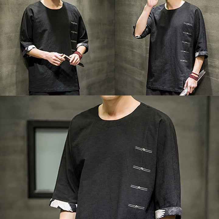 T-shirt da uomo in cotone e lino con maniche a tre quarti, stile retrò estivo, motivo patchwork, motivo Buddha Stones