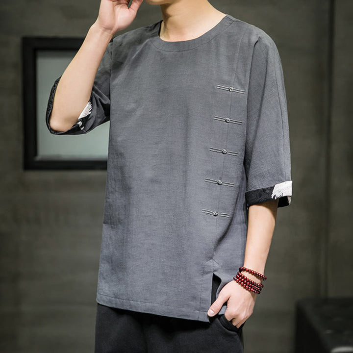 T-shirt da uomo in cotone e lino con maniche a tre quarti, stile retrò estivo, motivo patchwork, motivo Buddha Stones