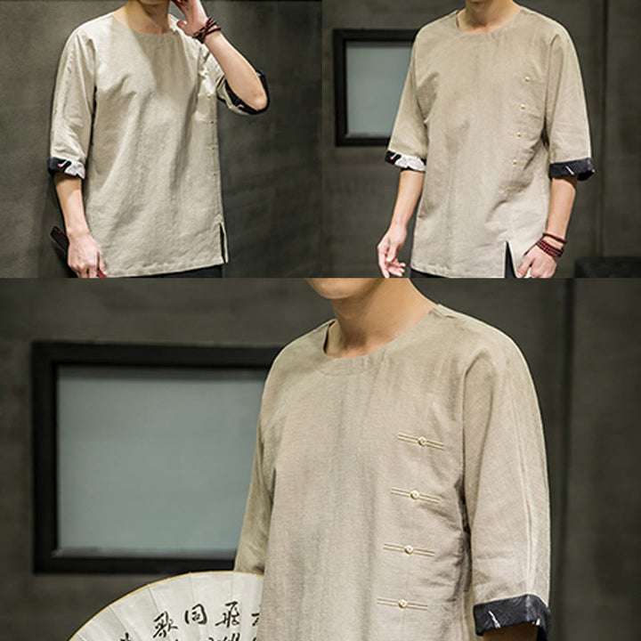 T-shirt da uomo in cotone e lino con maniche a tre quarti, stile retrò estivo, motivo patchwork, motivo Buddha Stones