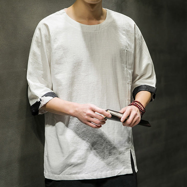 T-shirt da uomo in cotone e lino con maniche a tre quarti, stile retrò estivo, motivo patchwork, motivo Buddha Stones