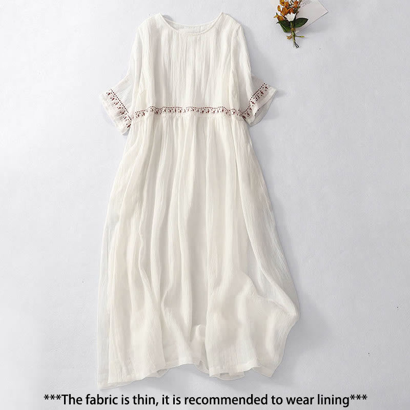 Abito midi in cotone a maniche corte con ricamo in tinta unita Buddha Stones - image 1