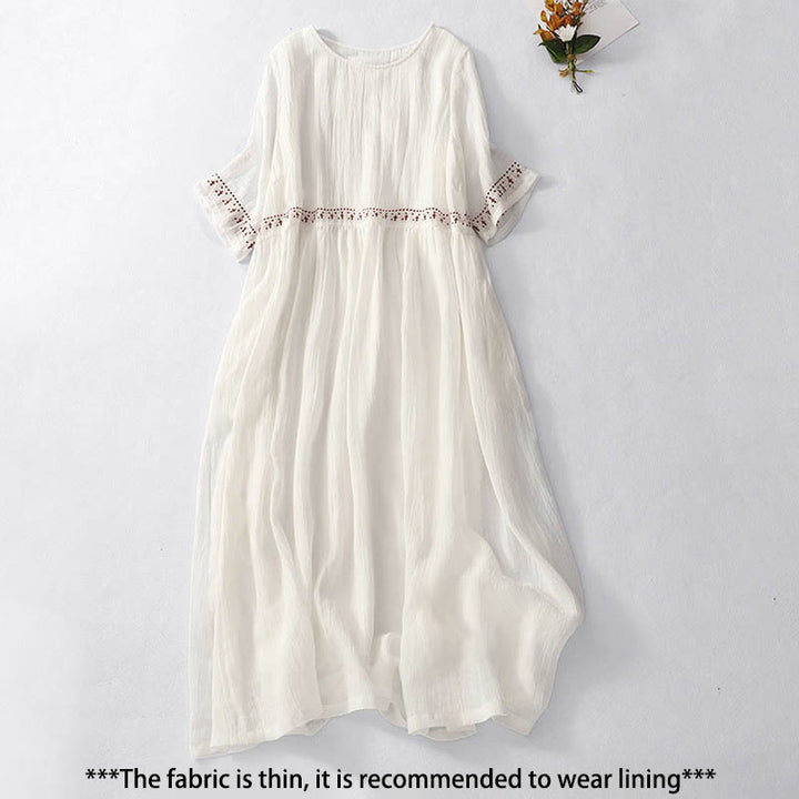 Abito midi in cotone a maniche corte con ricami a tinta unita e tasche, con motivo Buddha Stones. - image 1