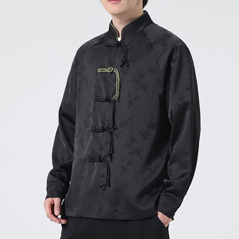 Camicia a maniche lunghe da uomo con motivo a foglie di bambù e motivo a rana cinese, motivo jacquard primaverile con Buddha Stones