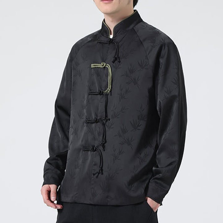 Camicia a maniche lunghe da uomo con motivo a foglie di bambù e motivo a rana cinese, motivo jacquard primaverile con Buddha Stones