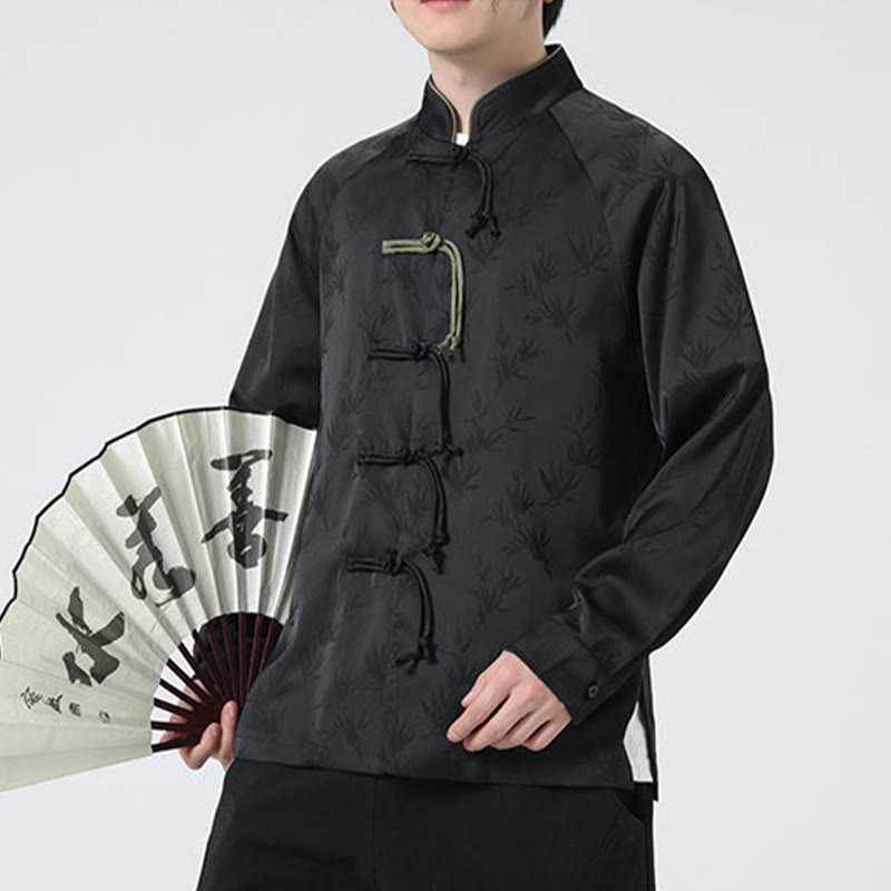 Camicia a maniche lunghe da uomo con motivo a foglie di bambù e motivo a rana cinese, motivo jacquard primaverile con Buddha Stones