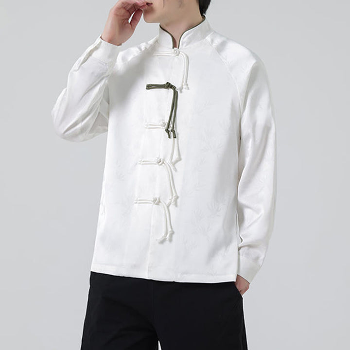 Camicia a maniche lunghe da uomo con motivo a foglie di bambù e motivo a rana cinese, motivo jacquard primaverile con Buddha Stones