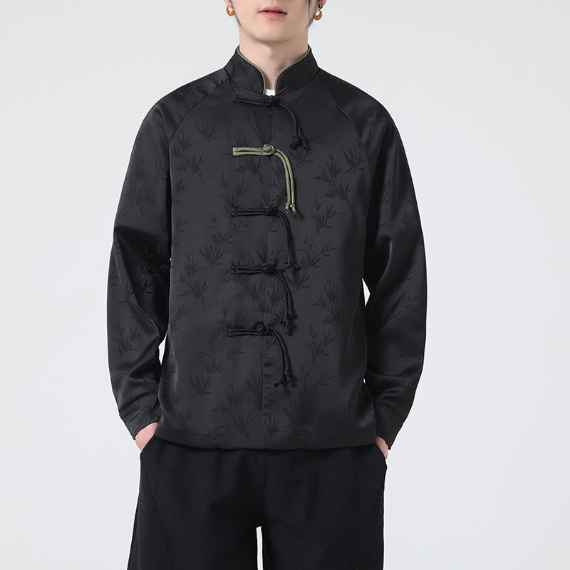 Camicia a maniche lunghe da uomo con motivo a foglie di bambù e motivo a rana cinese, motivo jacquard primaverile con Buddha Stones