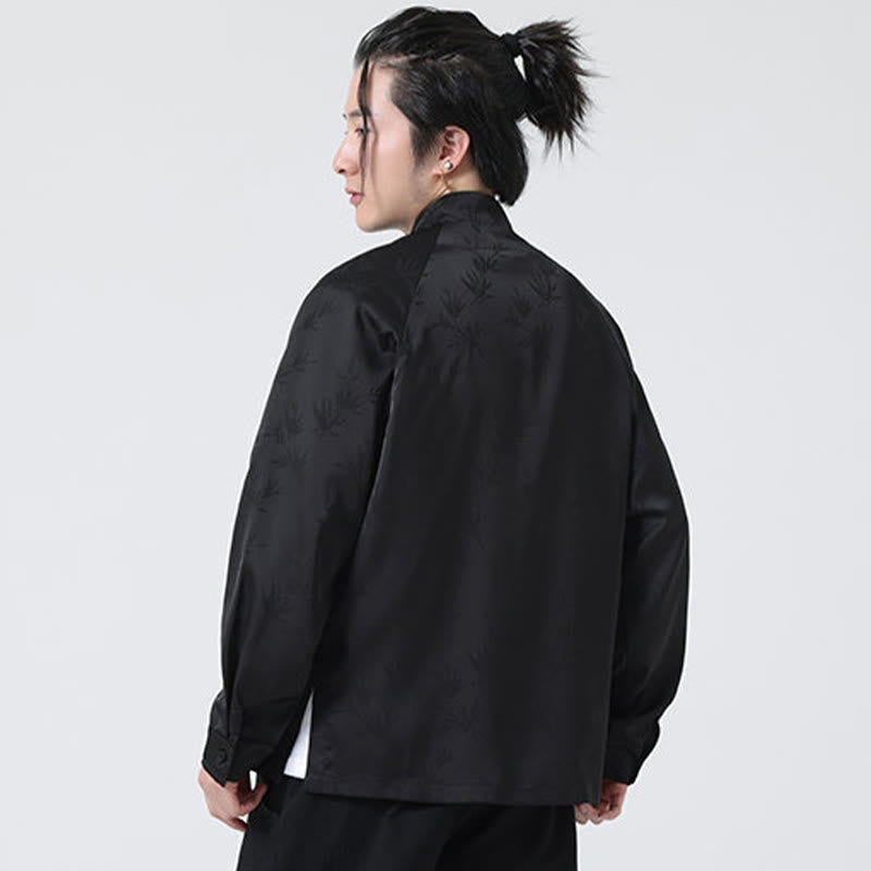 Camicia a maniche lunghe da uomo con motivo a foglie di bambù e motivo a rana cinese, motivo jacquard primaverile con Buddha Stones - image 21