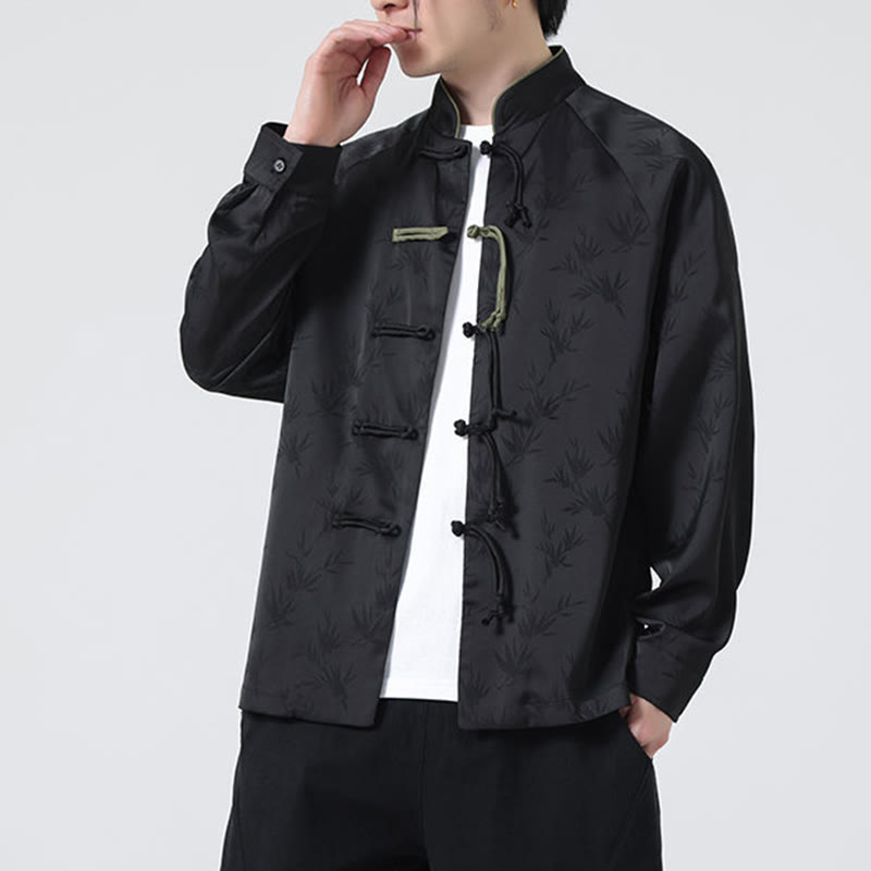 Camicia a maniche lunghe da uomo con motivo a foglie di bambù e motivo a rana cinese, motivo jacquard primaverile con Buddha Stones