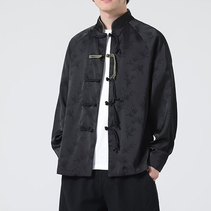 Camicia a maniche lunghe da uomo con motivo a foglie di bambù e motivo a rana cinese, motivo jacquard primaverile con Buddha Stones