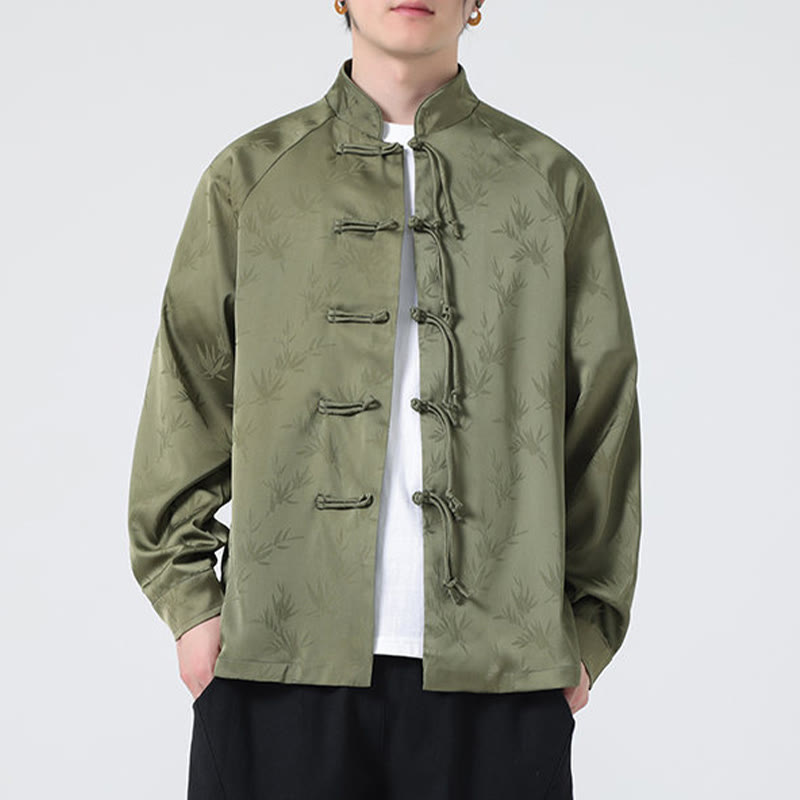 Camicia a maniche lunghe da uomo con motivo a foglie di bambù e motivo a rana cinese, motivo jacquard primaverile con Buddha Stones