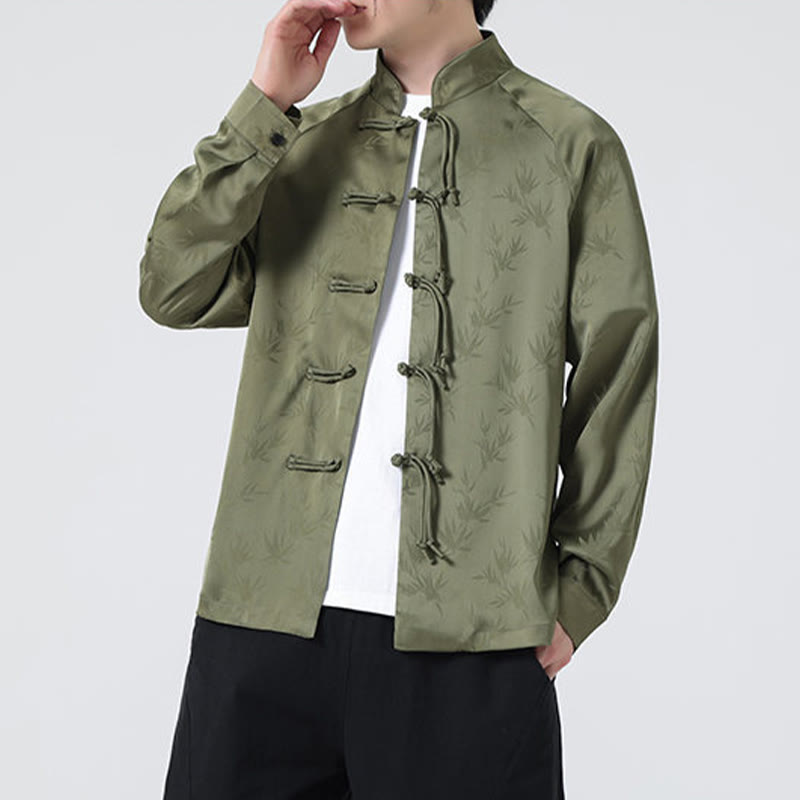 Camicia a maniche lunghe da uomo con motivo a foglie di bambù e motivo a rana cinese, motivo jacquard primaverile con Buddha Stones