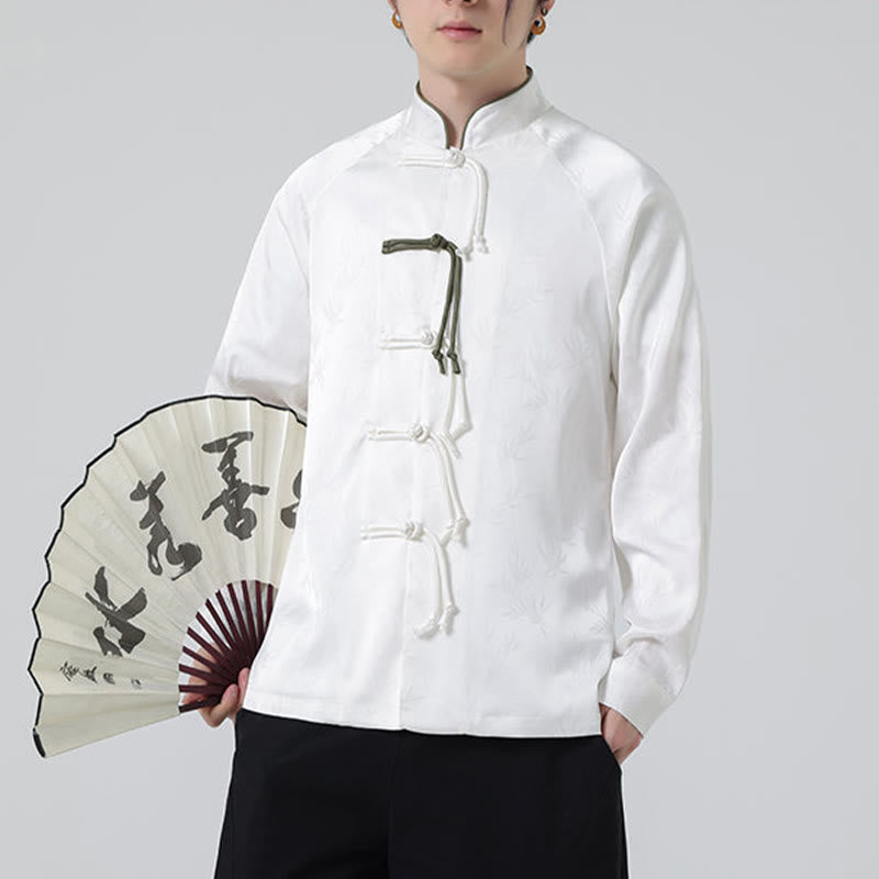 Camicia a maniche lunghe da uomo con motivo a foglie di bambù e motivo a rana cinese, motivo jacquard primaverile con Buddha Stones