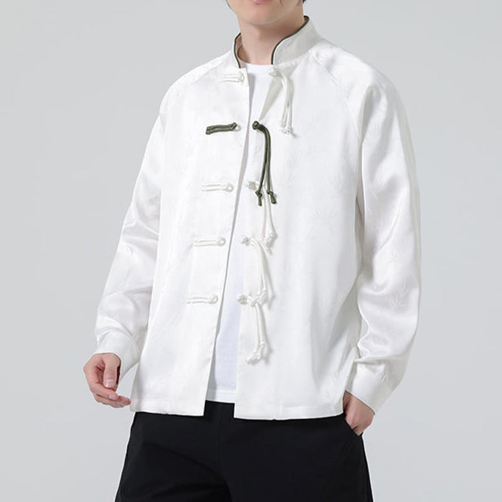 Camicia a maniche lunghe da uomo con motivo a foglie di bambù e motivo a rana cinese, motivo jacquard primaverile con Buddha Stones