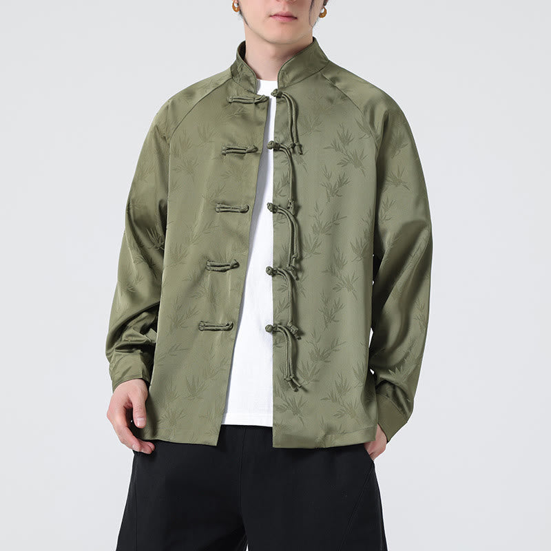 Camicia a maniche lunghe da uomo con motivo a foglie di bambù e motivo a rana cinese, motivo jacquard primaverile con Buddha Stones - image 6