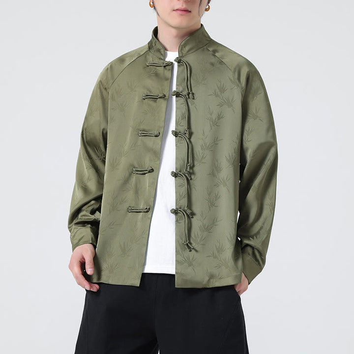 Camicia a maniche lunghe da uomo con motivo a foglie di bambù e motivo a rana cinese, motivo jacquard primaverile con Buddha Stones - image 6