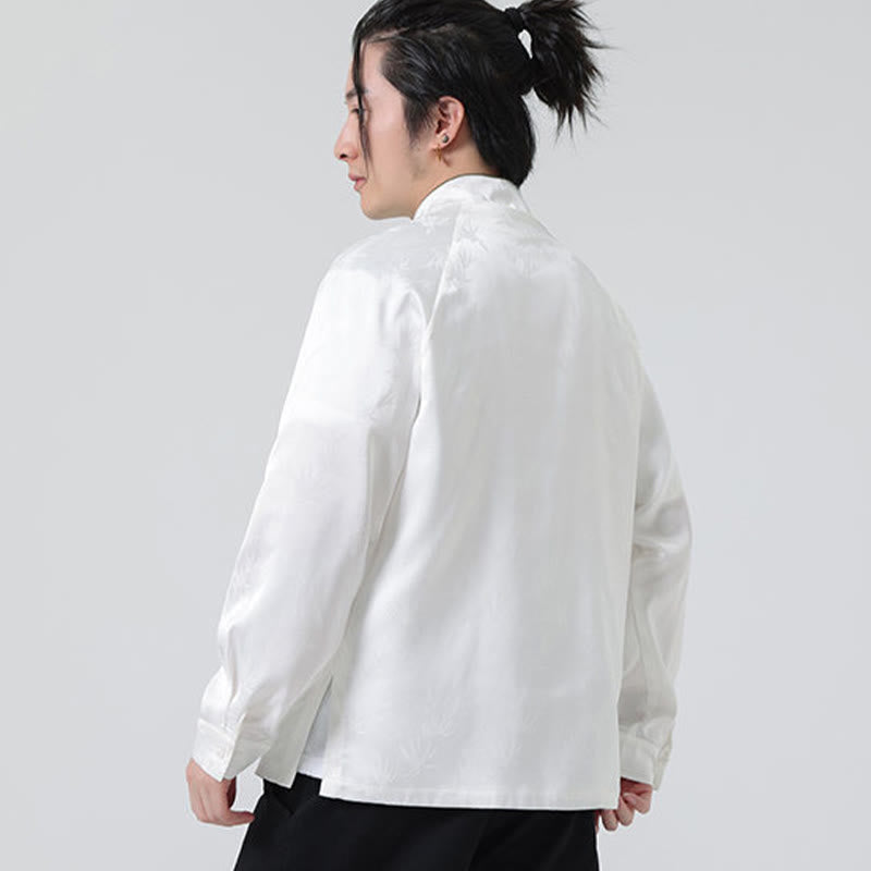 Camicia a maniche lunghe da uomo con motivo a foglie di bambù e motivo a rana cinese, motivo jacquard primaverile con Buddha Stones - image 14