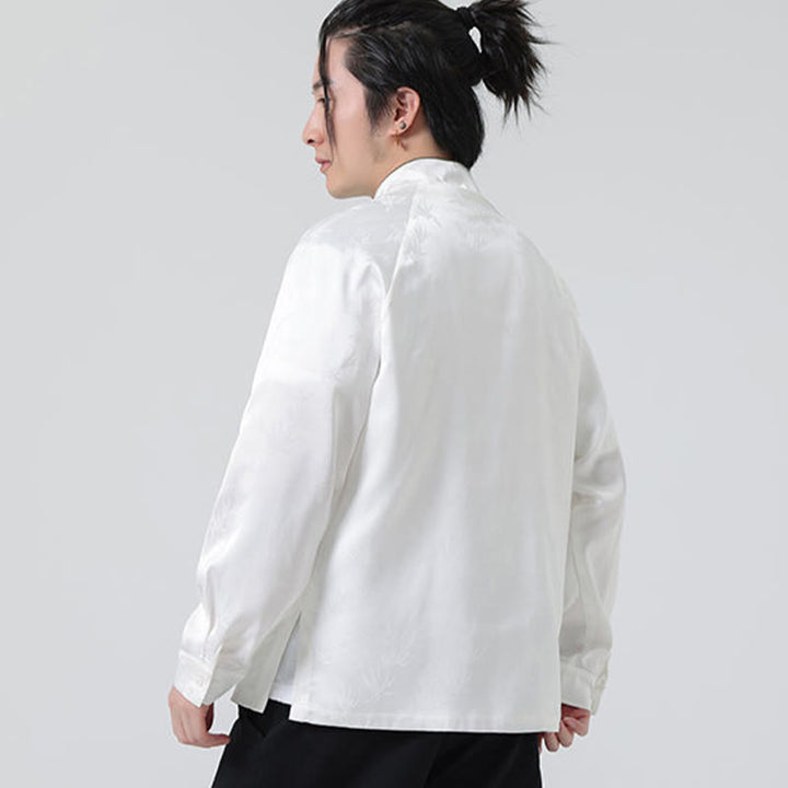 Camicia a maniche lunghe da uomo con motivo a foglie di bambù e motivo a rana cinese, motivo jacquard primaverile con Buddha Stones - image 14