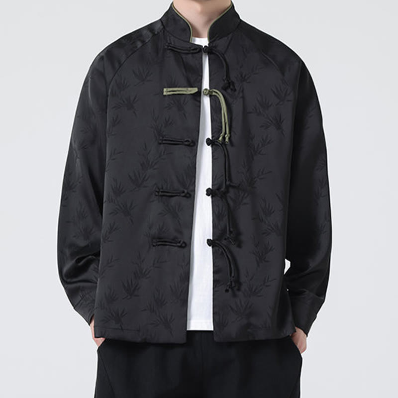Camicia a maniche lunghe da uomo con motivo a foglie di bambù e motivo a rana cinese, motivo jacquard primaverile con Buddha Stones