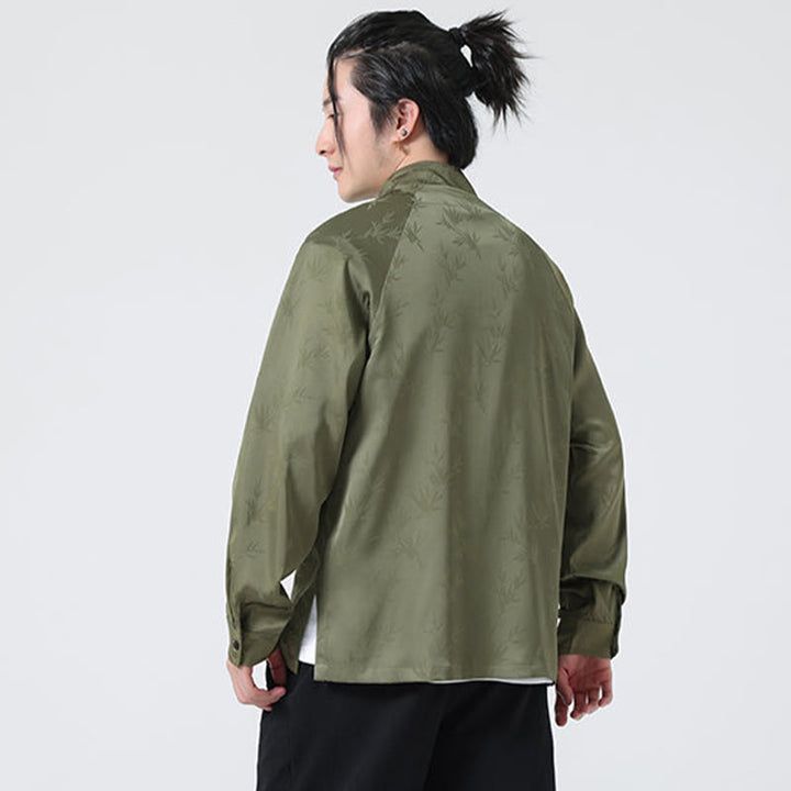 Camicia a maniche lunghe da uomo con motivo a foglie di bambù e motivo a rana cinese, motivo jacquard primaverile con Buddha Stones - image 4